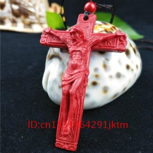 Cinnabar Jewellery Hand Necklace Amulet Natural Organic Buddhism Woman Gifts Pendant Charm Fashion Cross Carved Red Chinese