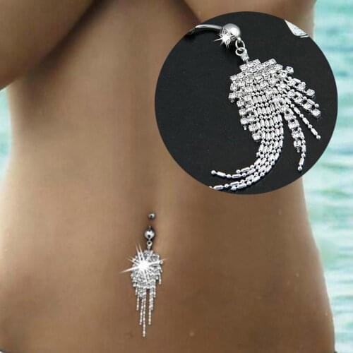 Women Rhinestone Tassel Long Chain Dangle Navel Bar Button Belly Ring Jewelry