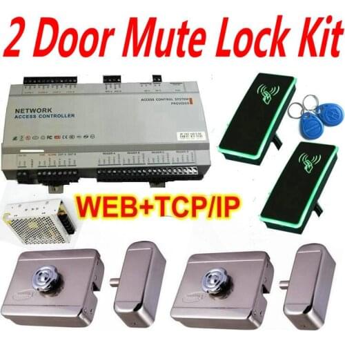 2 Door Electro Mute Lock kit Controller Web IP board panel+2 pcs RFID ID reader+Electro Rim controller lock+power+pc software