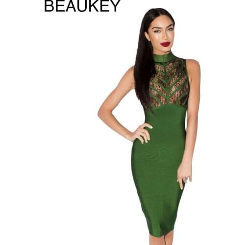 Lace Knee Length Hign Neck Sleeveless Sexy Womens Rayon New 2016 Arrival Bodycon Green Bandage Dress