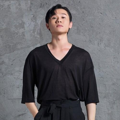 2021 New Latin Dance Tops For Men V-Neck Mid-Sleeve Shirts Male Latin Dance Competition Clothes Performance Costumes DQS6960