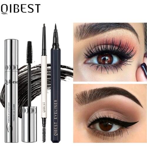 QIBEST 3pcs Eye Makeup Set Waterproof 4D Mascara Ultra Fine Triangle Eyebrow Pencil Fast Dry Liquid Eyeliner Pencil Cosmetic Kit