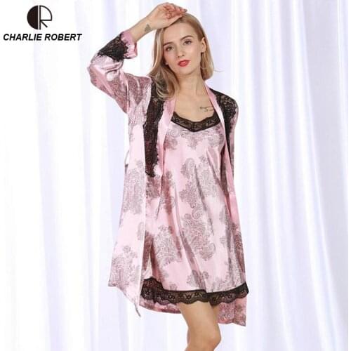 CR New Sexy Silk Like Sleepwear Women Robe Sets Robe & Nightgown Set Pajama Sleeping Lace Dress AP405