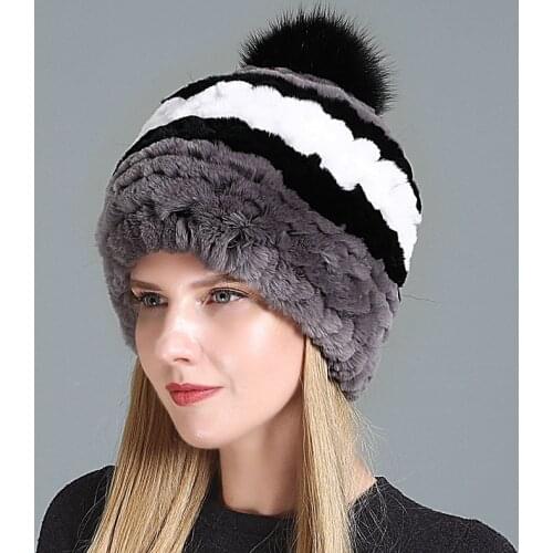 New Russian Women Natural Rex Rabbit Fur Hat Winter Real Rex Rabbit Fur Cap Girl Striped Big Fox Fur Ball Real Fur Knitted Caps