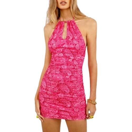 Puloru New Paisley Print Halter Short Dress Chic Fashion Sleeveless Backless Ruched Bodycon Dress Women Ladies Summer Sheath