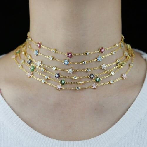 Colorful Flower CZ Charm Choker Necklace 2021 Hot New Red Pink White Sparking Clear Rainbow Cubic Zirconia CZ Link Chain Chokers