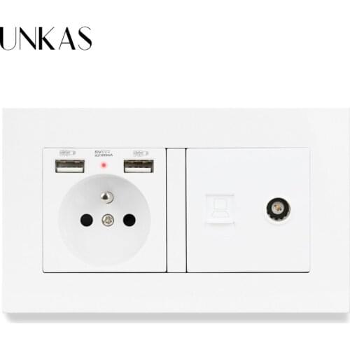 UNKAS Plastic Panel French Standard Electric Socket with 2 USB + RJ45 Internet Jack and Television Port Power Outlet