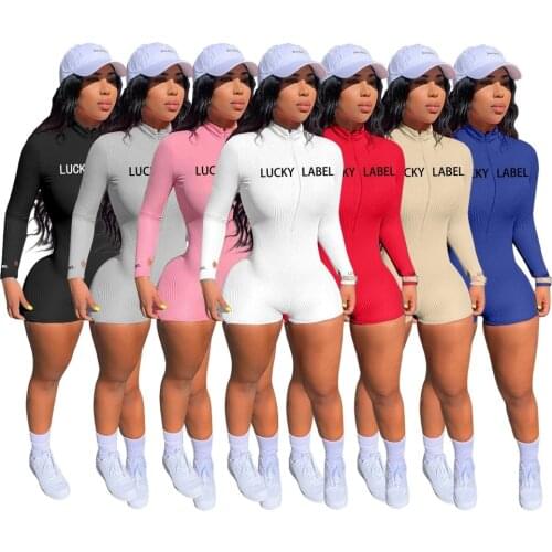 Casual Long Sleeve Knitted Playsuit Women Lucky Label Zipper Short Jumpsuit Sexy Bodycon One Piece Outfit Autumn Fall Overalls