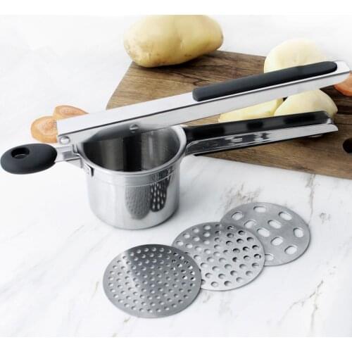 Stainless Steel Potato Masher Kitchen Gadgets Accessories Garlic Press Fruit Press Maker Silicone Grip Handles
