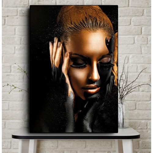 Scandinavian Wall Picture for Living Room African Art Woman Black Gold Oil Painting on Canvas Cuadros Posters and Prints