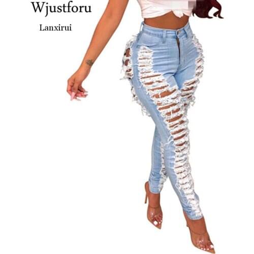 Sexy Ripped Jeans For Women Fashion Casual Club Hole Denim Pants Femme Bodycon Hollow Out Pencil Long Jeans Vestidos