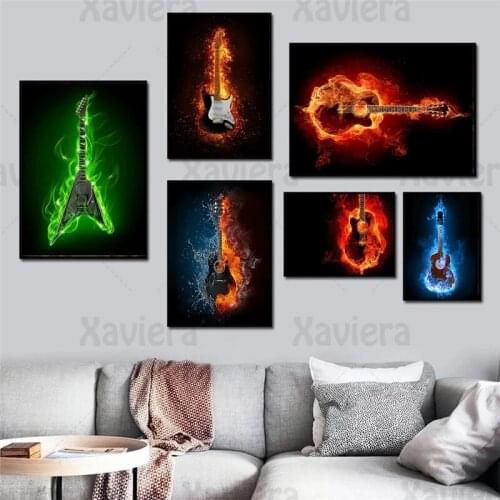 Modern Canvas Painting Musical Instruments Fire Burning Guitar Prints Abstract Poster Cool Wall Art Living Room Home Decoration