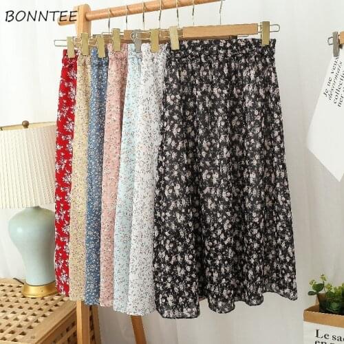 Skirts Women Brisk Printed Female Summer Mid Calf Cozy Chiffon A-line Folds Fairy Elastic Waist Empire Street All Match Simple