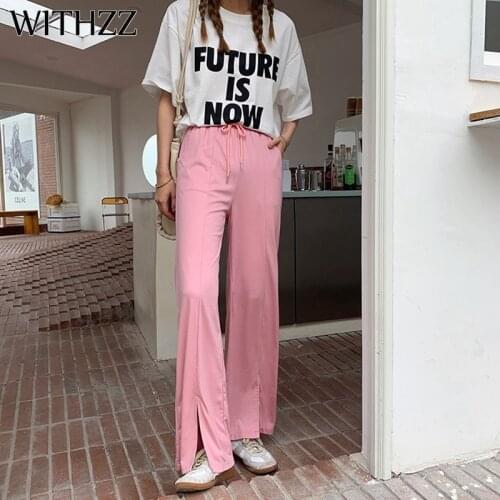 WITHZZ Spring Summer Straight Trousers Womens Loose Elastic Waist Solid Color Split Knit Casual Pants