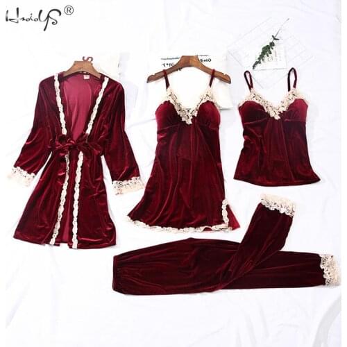 Women Velvet 4 Pieces Warm Winter Pajamas Sets Women Sexy Lace Robe Pajamas Sleepwear Kit Sleeveless Nightwear