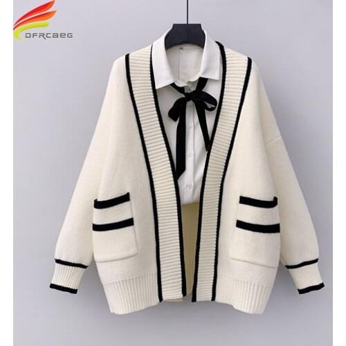 New 2021 Autumn Winter Womens Sweaters V-Neck Long Cardigan Women White Purple And Black Korean Fashion Knitwear Women Outwear