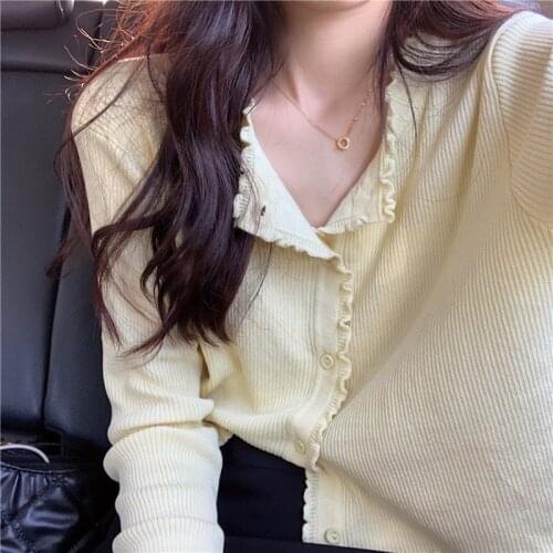 Summer Autumn Sweet Solid Knitted Cardigan Womens Fashion Ruched Long Sleeve Korean Single Breasted Causal Loose Streetwear