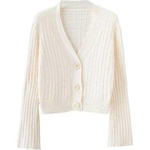 Ladies Sweater Spring Loose Short High Waist Flared Sleeve Net Red V-neck Knitted Cardigan Spring Sweater Jacket Womens Top