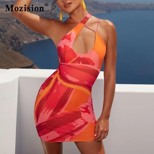 Mozision Sexy Hollow Out Backless Print Dress For Women Summer Halter Sleeveless Mini Dress Ladies Fashion Beach Party Dress