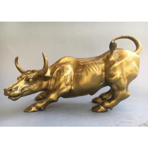 13'' Brass carved home fengshui decor auspicious beast animal bull ox statue