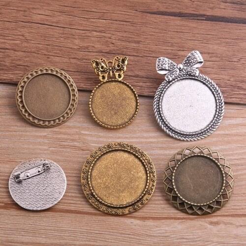 4pcs 20-35mm Inner Size Antique Silver color/Gold/Bronze Brooch 6 Style Cabochon Base Setting Charms Pendant P6490