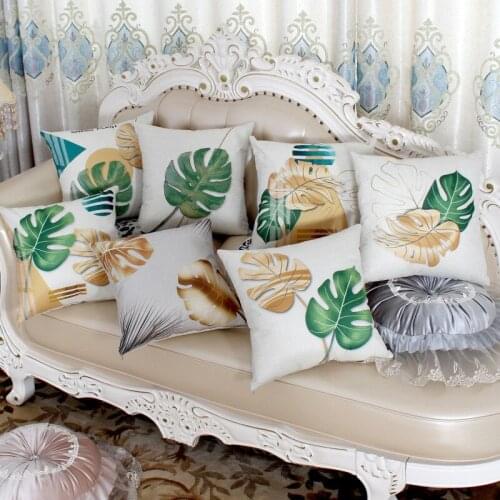 45x45cm Gold Green Leaf Tropical Plants Printed Sofa Cushion Cover Cotton Linen Chair Seat Decor Pillow Case