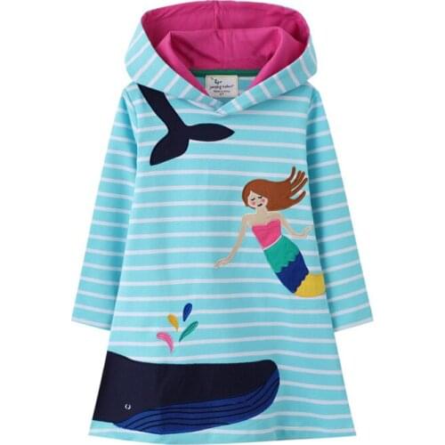 Cartoon Animals Hoody Dress Stripes Cotton Dress for Baby Girl Autumn Spring Clothing Long Sleeve Dress