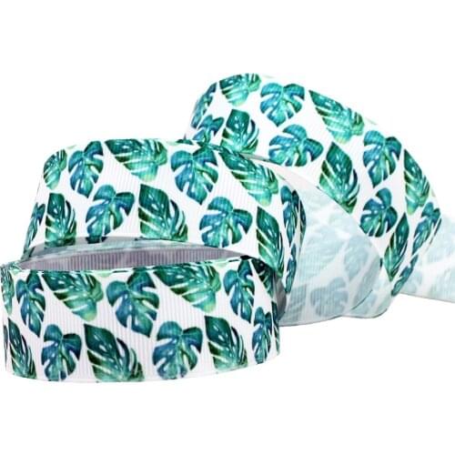 [IuBuFiGo] 60 yards 1" 25mm Flowers Monstera Printed Grosgrain ribbon Green ribbons DIY Bows Wedding Party Decoration 1221