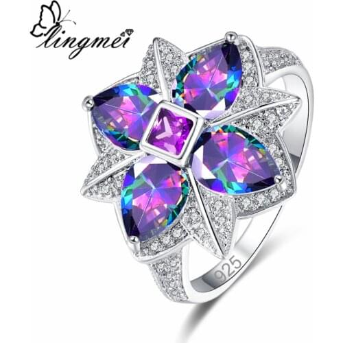 Lingmei DropShipping New Flower Style Multi- Purple & Blue Red White CZ Silver Color Ring Size 6-9 For Women Wedding Jewelry