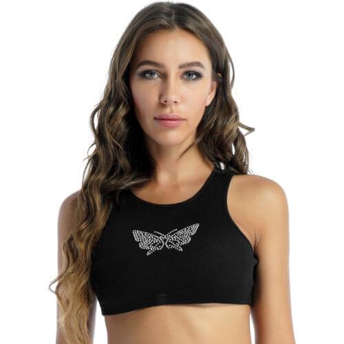 Summer Women Rhinestone Butterfly Camisole Sissy Party Clubwear Solid Color Sexy Cropped Tank Top Ribbed Vest Tops for Nightclub