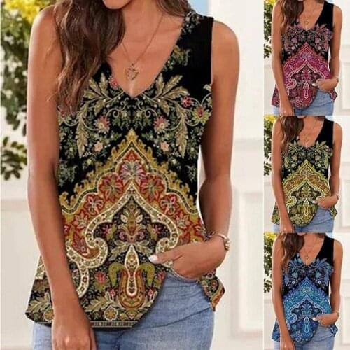 Women Summer Tank Top Casual Vintage Printed Sleeveless Shirts Loose V-Neck Graphic Pullover Streetwear Female Vest Tops