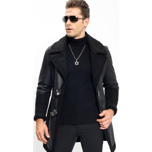 Menfolk Shearling Jacket Long Style Sheepskin Coat New Style Wool Collar Genuine Leather Motorcycle Jacket Flight Outerwear