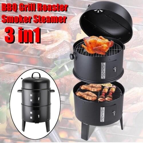 Metal 3 in 1 BBQ Grill Roaster Smoker Steamer Barbecue Grill Portable Outdoor Camping Charcoal Stove Cooking Tools Accessories