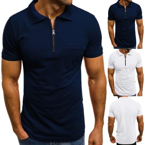 Fashion Personality Casual Slim Mens T Shirt Solid Short Sleeve Pockets Top Blouse High Quality With zipper Men Clothing