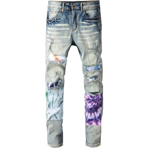 Mens Patchwork Ripped Stretch Denim Jeans Streetwear Holes Patch Slim Skinny Pencil Pants Trousers High Quality