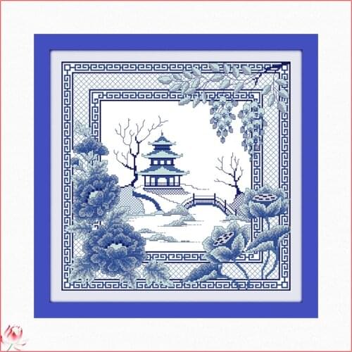 The Blue Porcelain View Cross Stitch Kit DIY Pattern Embroidery Kit 11CT 14CT Needlework Sets Sewing Kit Home Decoration Crafts