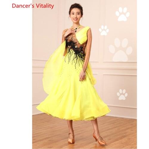 National Standard Dance Racing Outfits Diamond High-end Color Blocking Dress Modern Waltz Ballroom Dancing Wear Performance Suit