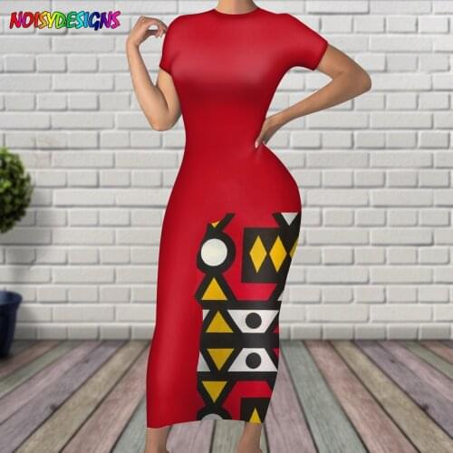 NOISYDESIGNS Red Pencil Dresses Angolan African Tribal Print Ladies Dress Office Lady Dress Woman Fashion Plus Size Dress