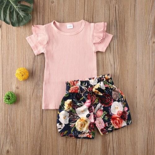 New Toddler Kids Baby Girl Summer Floral Clothes 2PCS T-shirt+Shorts Ruffles Girls Clothes Set Sunsuit