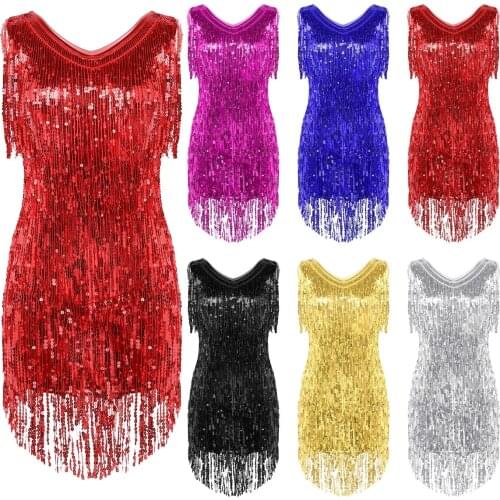 Girls Latin Dance Dress Shining Silver Sequins Tassel Latin Costumes Tango Samba Dance Dresses Ballroom Fringe Competition Dress
