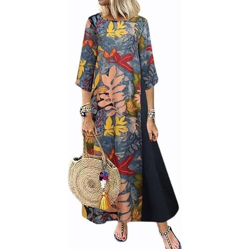 Summer Women Dress Leaf Print Loose Long Length Ladies Retro Printed Dress for Shopping Vintage Floral Print Maxi elegant Dress