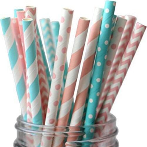 25 Pcs Colors Disposable Paper Dot Striped Wave Straws Party DIY For Baby Shower Baptism Birthday Wedding Purple Pink Decor