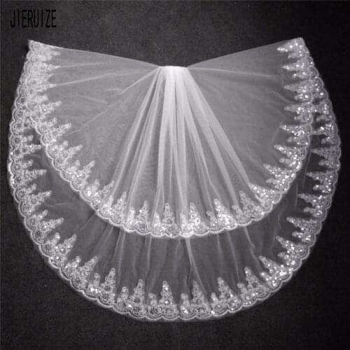 JIERUIZE Stunning Two Layer Lace Wedding Veil Short Sequin Bridal Veils with Comb Bride Hair Accessories