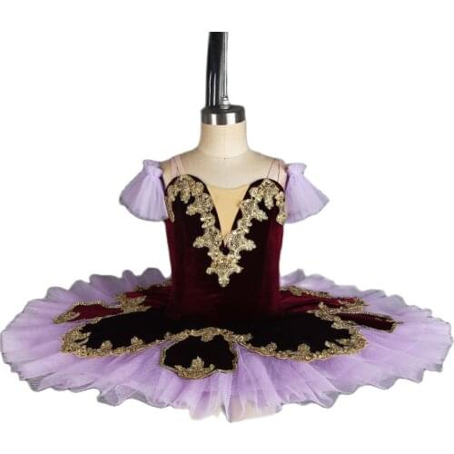 7 Layer Professional Ballet Dance Tutu Dark Purple Velvet Bodice with Gold Sequin Trim Ballerina Dress with Arm Bands BLL410-1