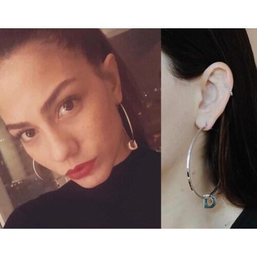 GULCE DERELI, DEMET OZDEMIR EARRINGS, ERKENCI KUS, LETTER CHARM HOOP EARRINGS, INITIAL, NEW SEASON, GIFT BOX, GOLD/SILVER PLATED