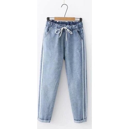 Pretty Summer Casual Jeans Women Side Stripe Boyfriend Jeans Girls Baggy Jeans Drawstring Elastic Waist Denim Pants M-2XL