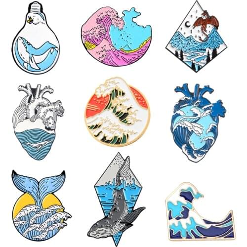 Blue sea waves Heart Enamel Pin Snow mountain dragon Whale Bag sunset Pin Ocean Wave Badge Whale Jewelry Gift for Kids Friends