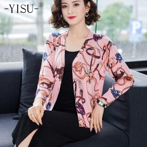 YISU Sweater Cardigan Coat Women Loose Fashion print cardigan Autumn Winter V-neck Long sleeved Knit cardigan Jumpers Women