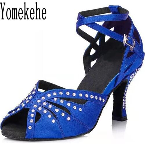 Women Ballroom Latin Dance Shoes Professional Dancing Satin Rhinestones Girls Ladies Heeled Tango Soft Soles Hot Selling 6/7.5CM