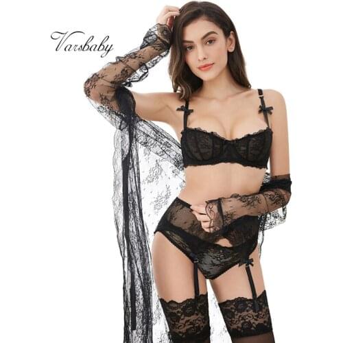 Varsbaby sexy floral lace unlined half cup bra set bra+panties+garter+stockings+robe+thongs 6 pcs for ladies